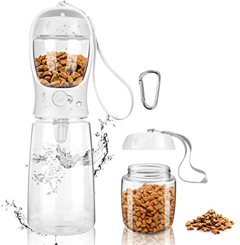 MYOWELL 2-in-1 Hunde Trinkflasche mit Futterbox (550ml + 100g) - Hundetrinkflasche für Unterwegs, Auslaufsichere, Leicht zu Tragen mit Karabiner für Große Kleine Hunde (Weiß)