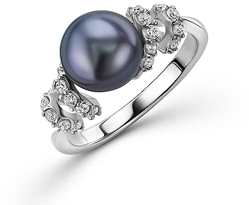 OROVI Anillo de perlas de agua dulce negras – Anillo de plata de ley con circonitas cúbicas (juego de joyas), Plata, Zirconia cúbica