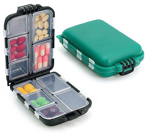2 Pcs Pilulier de Voyage Portable, Pilulier avec 10 Compartiments, Mini Boite à Comprimés, Boîte à Pilules, Léger et robuste,Pill Box Organizer pour Vitamines Médicaments et Suppléments(Noir Vert)