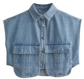 Perbai Womens Cropped Button Down Shirt Summer Collared Sleeveless Loose Denim Top with Pockets(LightBlue-M)