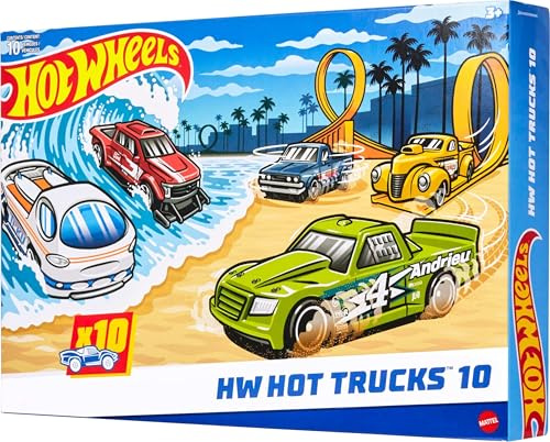 Hot Wheels Toy Trucks 10-Pack (Assorted Styles, One Random Set), Set of 10 Die-Cast 1:64 Scale Utility, Racing & Other Pickups or Vans, Modern & Retro Models, HYM97