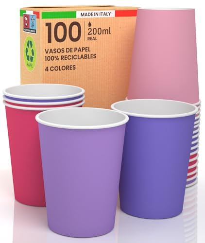 100 Bicchieri in Carta 200ml PrincessMix Ecologici Biodegradabili Monouso Made in Italy Asporto Bevande Calde Acqua - MIX di Colori Rosa Lilla Viola Fucsia - Prodotto e Confezionato in Italia
