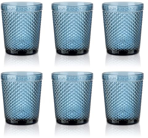 Joeyan Set de 6 Copas Azules de Agua Vintage, 300ml Vasos de Agua Colorida Elegantes, Copas de Vidrio con Relieve Cristaleria para Bar Restaurante en Casa, Apto para Lavavajillas