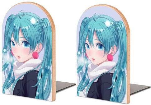 Tilivyx 1 Paar Buchstützen, Für Heimdekoration, Hölzernes Design, Wohnzimmer, Schlafzimmer, Büro, Küche, rutschfeste Buchstützen Blaues Anime-Mädchen 12.8 * 8.0 * 2.5 cm