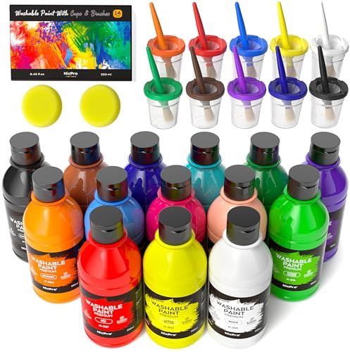 Nicpro Grande peinture lavable pour enfants de 250 ml, non toxique avec pinceaux, tasses et éponge pour art, affiche, école, salle de classe, loisirs créatifs, enfants