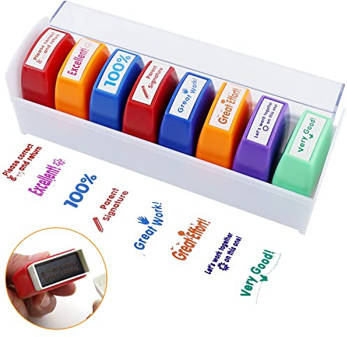 8 Stück Selbstfärbender Lehrer Stempel，Bunt selbstfärbende Lehrer-Stempel mit Aufbewahrungsbox，Lustig Feedback Briefmarken für Schullehrer，Schulbedarfsmarken für Bildung, Lehrer Überprüfung,Belohnung