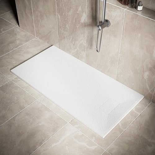 SIRHONA Receveur de Douche, 140 x 70 cm Bac à Douche Antidérapant, Rectangle Blanc, Matériau en Résine SMC, avec siphon