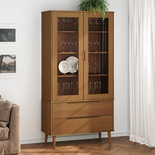 Hommdiy Vitrinenschrank MOLDE Wohnzimmer, Küche Display Schrank, Glas Display Schrank Braun 90x35x175 cm Massivholz Kiefer