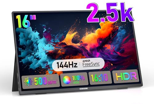 2.5K Portable Monitor, 144Hz| 16 Zoll| 500Nits | QHD | HDR| 100% sRGB, FreeSync, IPS Tragbarer Gaming Monitor, Externer Bildschirm für Laptop/Notebook/PC/MacBook/Phones/Tablet/PS5/4/Xbox/HDMI/USB C