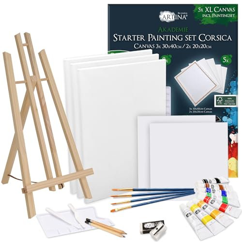 Artina 25pc Set di Pittura Acrilica Corsica incl. Cavalletto da Tavolo Londra – Set Artisti 5 Telai, 8 Colori Acrilici, Pennelli, Tavolozza per Pittura e Cavalletto – Set Pittura Adulti Artisti Hobby