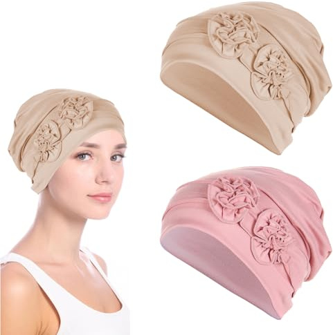 mtuihfo 2pcs Chemo Headwear for Women, Flower Design Chemo Sleep Caps, Cancer Headwear Soft Beanie Hats with Hair Loss (Pink+Beige)