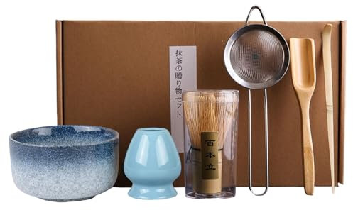 6Pcs Matcha Whisk Set, Reusable Matcha Bowl Set, Japanese Matcha Tea Set Includes 400ml Ceramic Bowl, Bamboo Whisk, Stand, Spoon and Sieve, Matcha Making Set, Suitable for Tea Lovers, Blue