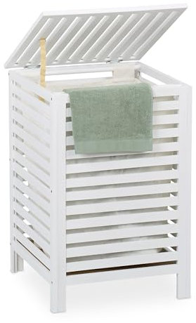 Relaxdays Wäschetruhe, herausnehmbarer Innensack, 63 l, HBT: 65,5x45x45 cm, Wäschesammler mit Deckel, Walnussholz, weiß