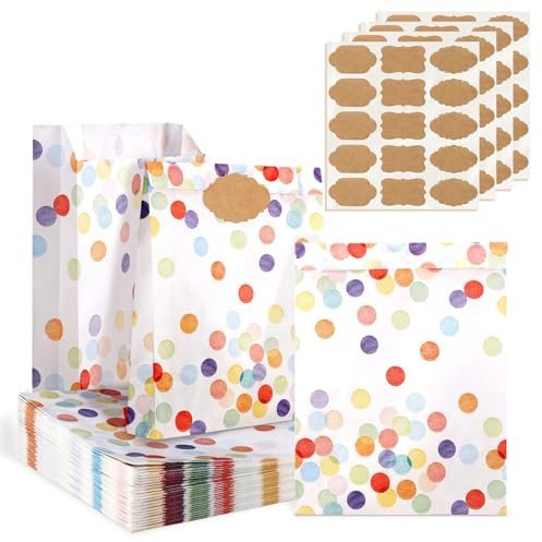 60 Stück Geschenktüten Kindergeburtstag mit Aufkleber, Punkte Papiertüten | Kleine Mitgebsel Tüten mit DIY Aufkleber 19 x 13 x 3,5 cm Geburtstagstüten für Mitbringsel Hochzeit Party