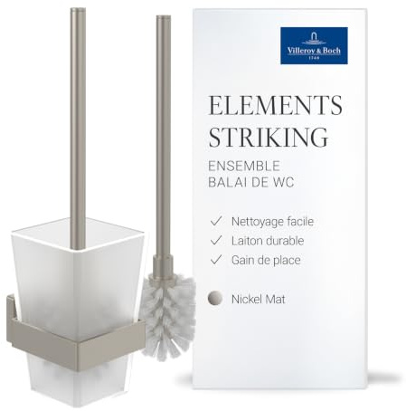 Villeroy & Boch Elements Striking, Juego de escobilla de baño, Soporte para Montaje en Pared con Recipiente de Vidrio Satinado, Cuadrado – Níquel Cepillado Mate | Apto para montaje en pared, recipiente de cristal esmerilado, cepillo duradero, TVA15201700064