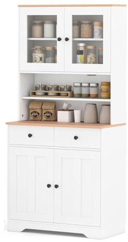 TANGZON Tall Kitchen Cupboard, 4 Door Tall Storage Cabinet with 3 Detachable Shelves, 2 Drawers & Countertop, Freestanding Wooden Sideboard Unit for Pantry Dining Living Room