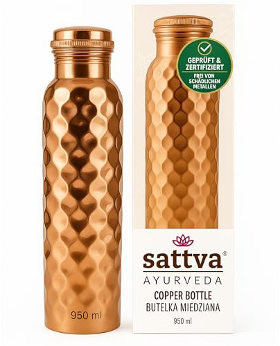 Sattva Ayurveda Borraccia in rame, 950 ml, design Diament – 99,94% rame puro, bottiglia d'acqua ayurvedica, realizzata a mano e a prova di perdite, disintossicazione, senza plastica