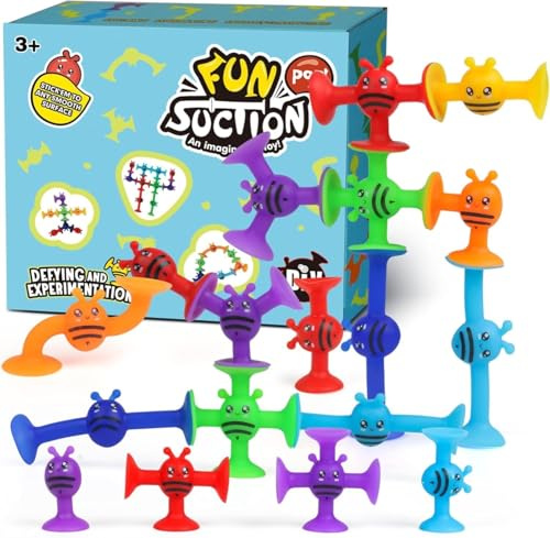 KAHEIGN 76Pcs Saugnapf Spielzeug für Kinder, 8 Stile Silikon Saugnapf Badespielzeug Saugspielzeug, Montessori Sensorik Bausteine Spielzeug für Kinder zum Stressabbau, Geburtstag Kindertag Geschenke