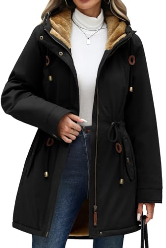 CMTOP Winter Waterproof Jackets for Women Warm Fleece Lined Coats Zipper Hooded Parka Windproof Thicken Functional Overcoat Long Sleeves Fashion Outerwear with Pockets(Black, S)