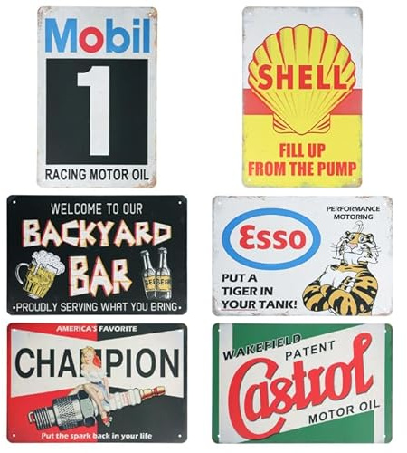 Set di 6 Targhe in Metallo Retrò, 20x30cm Targhe in Metallo per Garage, Vintage Targa da Parete per Cafe Bar Pub Birra