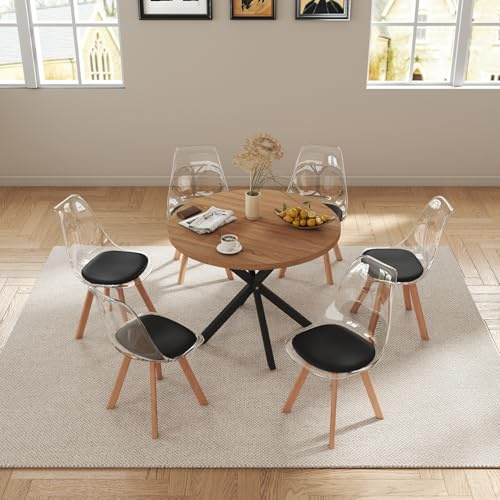 GrandCA HOME Esstisch mit 6 Stühlen, 100 cm Runder Esstisch mit Gekreuzten Metallbeinen, Küchenstuhl mit Transparenter Rückenlehne und Polsterung, Esstisch Stuhl Set (Dunkel + Schwarz)