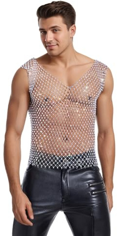OhMill Canotta da uomo in Maglia con Strass Gilet Sexy Trasparente Slim Top Lucido Senza Maniche Uomini per Festa Night-Club Carnevale Data Raves T-Shirt, bianco, XL