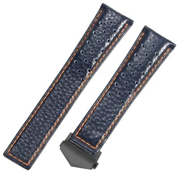 ROUREOX Correa de Reloj Pulsera de Reloj Cuero Auténtico Acero Inoxidable Fijación Plegable con Botón de Repuesto 22mm para Tag Heuer Carrera Heritage Calibre 6-Azul + Naranja + Negro