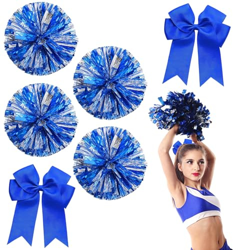 Cheerleader Pompons, 6-teiliges Set Mit 4 Blau-silbernen Pompons Und 2 Schmetterlingsclips, Ideal Für Cheerleading-Wettbewerbe, Sportevents Und Bühnenauftritte, Durchmesser 30 Cm