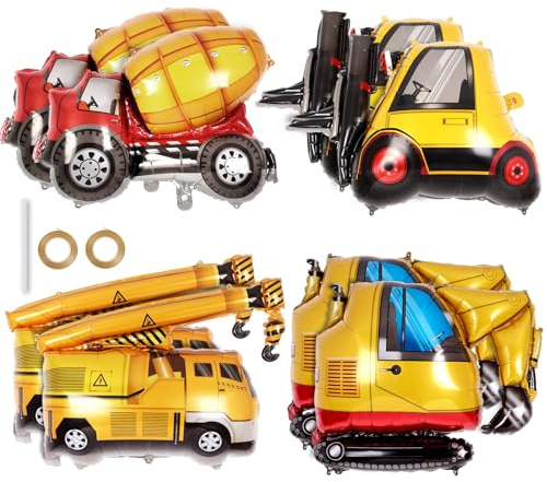 TOATOM 8 Pcs Construction Balloons, Large Foil Car Balloons, Excavator Truck Forklift Mixer Crane Vehicles Balloon for Construction Vehicle Car Themed Birthday Party Supplies