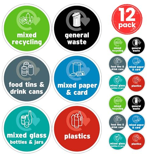 Recycling Bin Stickers Signs for Bins 12x Pack - 6 Designs, 100mm x 100mm, Self-Adhesive Vinyl Stickers, Waterproof Decals, Indoor Outdoor General Waste Signs – Mixed Waste, Made in UK.