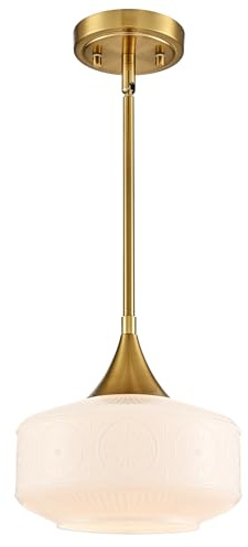 DAYCENT Vintage Gold Pendant Light 9-Inch Modern Brass Pendant Lights Kitchen Island White Glass Light Fixtures, Hardwired Adjustable Height Chandelier Pendant Lighting for Hallway Bedroom Living Room