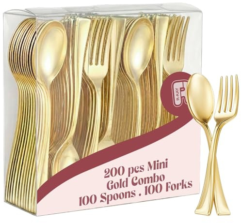 200 Combo Pack 100 Gold Mini Forks and 100 Gold Mini Spoons 4 Inch Dessert Forks and Spoons - Heavy Duty Mini Cutlery, Tastings, Cocktails, Dessert Cups.