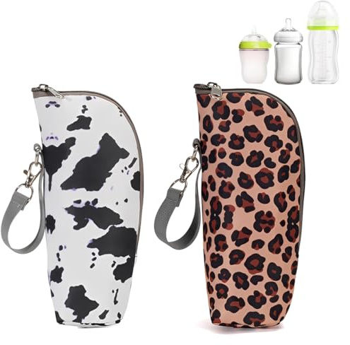VEOIRXU 2 Pièces Sac Isotherme Bebe Sacs Isotherme Bouteille Sac De Biberon Portable Hangable Porte-Biberon Biberon Voyage Isolation Sac Pour Poussette Voyage En Plein Air (Imprimé Léopard + Vache)