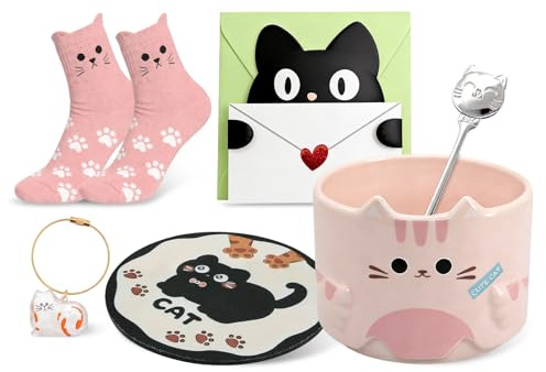 Qinhai Cute Cat Mug Set, Stackable Coffee Cup, Cat Lovers Gifts for Women Men Mum Her Girl Boy Teacher Friend, Christmas Valentines Mothers Day Easter Presents Idea (Pink)