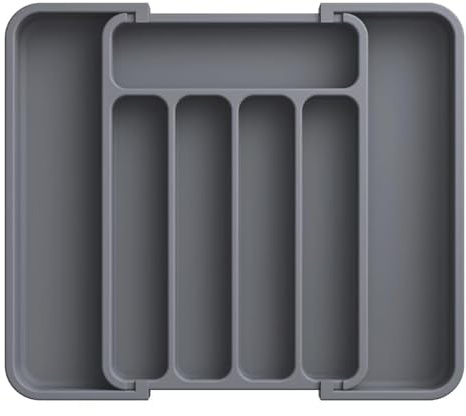 Szjinbao Besteckkasten für Schubladen, verstellbarer Kunststoff Organizer Küche Tiefe 31 cm, Besteckeinsatz 5-7 Fächer, erweiterbar bis 37 cm, für Löffel und Gabeln, Schwarz, Mittel