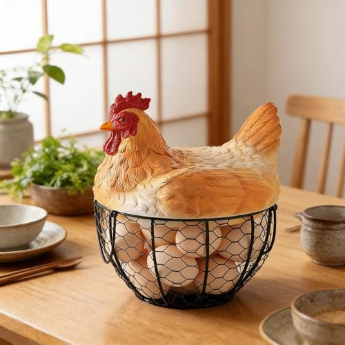 Cesta de huevos con forma de gallina, soporte decorativo para huevos de gallina con tapa de resina, cesta de almacenamiento de cocina para huevos frescos, organizador de encimera (blanco)