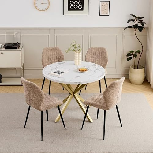 DEYARNA HOME Runt matbord 100 cm med 4 matstolar, MDF-bord med marmordekor och metallram, bekväma och ventilerande stolar med linneöverdrag, för kök, matsal (vit/guld + brun)