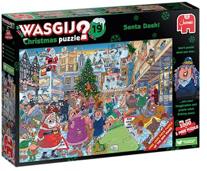Wasgij Christmas 19, Santa Dash - 2 x 1000 Piece Adults Puzzles - Festive Fun Set of 2 Adults Jigsaw Puzzles - 100% Recycled Cardboard - 2 in 1, 1000pc Puzzle Set with Box Image Puzzle - Jumbo