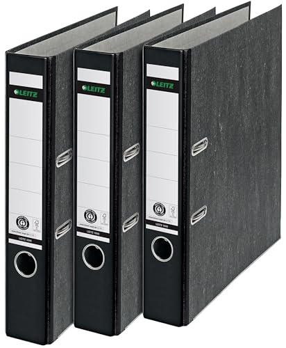 Leitz Qualitäts-Ordner, 3er-Pack, Wolkenmarmor-Papier, A4, 5,2 cm Rückenbreite, Schwarz, 310315095 | Aktenordner mit Wolkenmarmor, Blauer Engel, Mit 180° Präzisionsmechanik, Höchste Stabilität, 350 Blatt, Schwarz, 310315095
