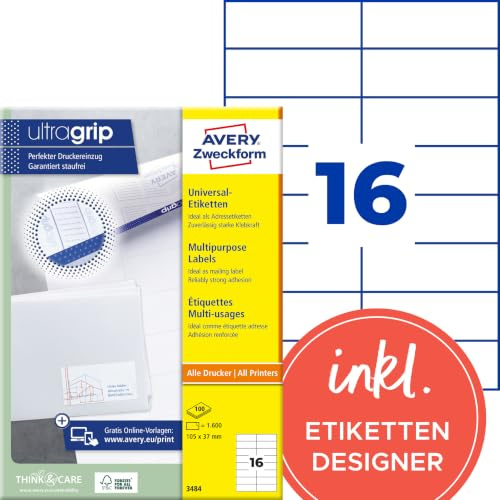 AVERY Zweckform 3484 Adressaufkleber (1.600 Klebeetiketten, 105x37mm auf A4, Papier matt, individuell bedruckbare Absenderetiketten, selbstklebende Adressetiketten mit ultragrip) 100 Blatt, weiß