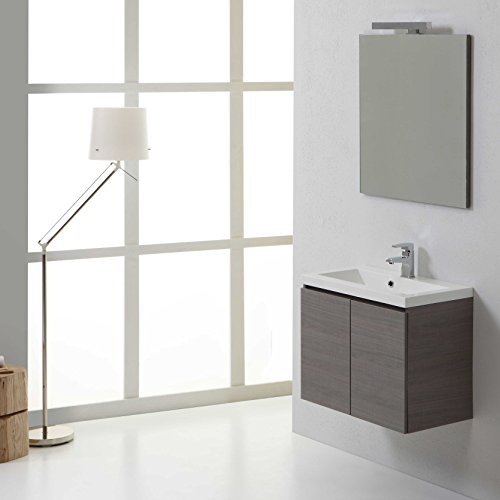 Kiamami Valentina - Mobile Bagno Sospeso 60cm | 2 Ante Grigio | Lavabo in Resina | Specchio con Lampada | Per Spazi Piccoli | Struttura Resistente, Grigio, 60CM 2ante+Specchio a Filo