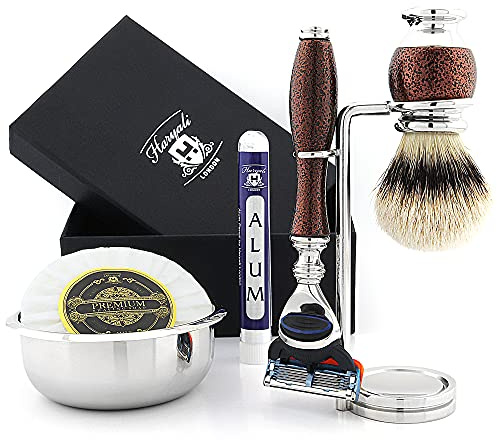 Haryali London 6-teiliges Rasierset mit 5 Klingen Rasierer mit Silberspitze Dachshaar, Rasierpinsel, Ständer, Seife, Schale und Alaun perfektes Set für Herren