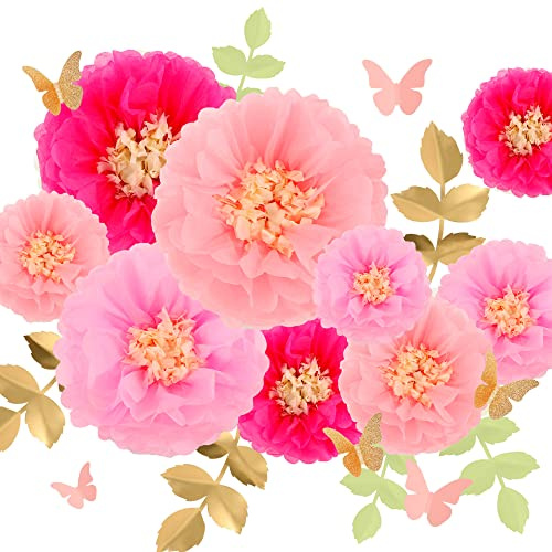 Fonder Mols Seidenpapier Blumen Seidenpapier Pompons Blüten Rosa für Mädchen Baby Shower Kinderzimmer Dekor Geburtstag Dekorationen (Set von 21 Stück, Rose Pink)