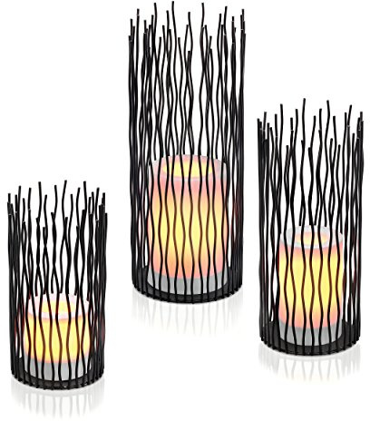 African Style Batterie Dekoleuchten Simba 3er Set - 5 Std. Timerbetrieb oder Dauerlicht - Kunststoffkerze mit Flackerlicht - Höhen: 22,28 & 35cm - Stimmungslampe Dekolampe Leuchte - esotec 202013