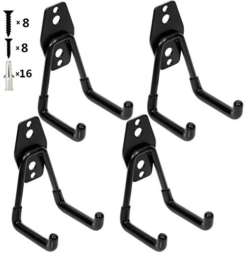 Yisunnan Garage Utility Double Hooks,Heavy Duty Steel Wall Mount Storage Organizer with Anti-Slip Coating,Load Capacity 66 LB (4 Pack Black 3 U Hook)