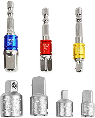 S&R Stecknuss-Adapter Set aus robustem Cr-V-Stahl – Sechskant- und Vierkant-Steckschlüssel-Einsätze (1/4, 1/2, 3/8 Zoll) für Akkuschrauber, Bohrmaschine und Handwerk mit praktischer Halterung