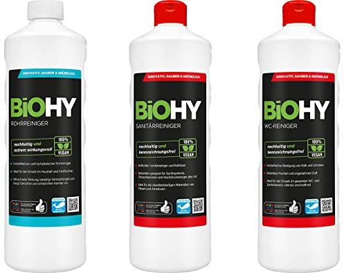 BiOHY Profi Starter Reinigungsmittel-Set mit Dosierer (3 x 1 L) | WC-, Fenster- und Bodenreiniger | Ökologisch und veganes Reinigungsmittel für nachhaltige Reinigungen | chemiebeständig