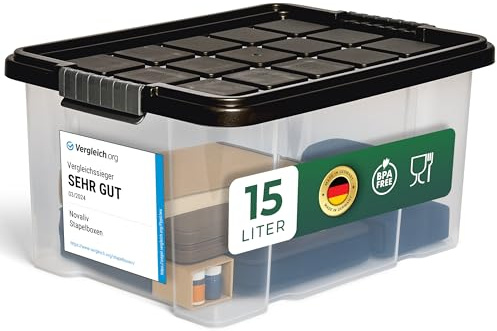 Novaliv Aufbewahrungsbox mittel 15l 40x29x21 transparent mit Deckel Grau Anthrazit Stapelbox Kiste Box Plastikboxen Stapelkiste Kunststoffbox mit Deckel