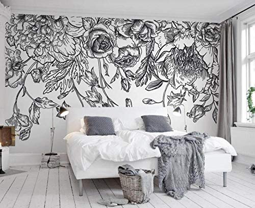 RMwallpaper Papier Peint Croquis De Lignes Simples De Fleurs En Noir Et Blanc Papier Peint Intissé Tapisserie Murales Chambre Salon 400x280cm