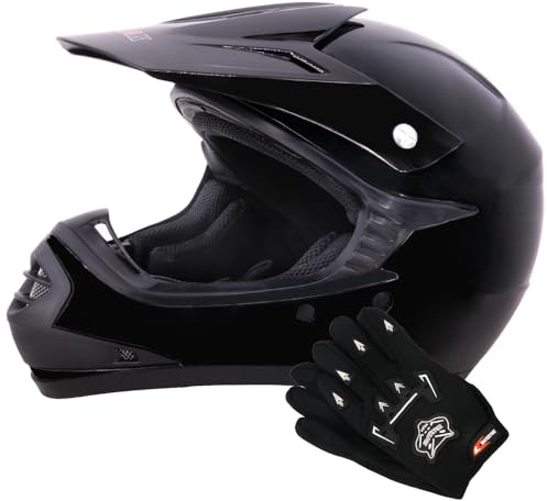 Zorax ZOR-X15 Kids Motocross Helmet & Gloves - Black L (53-54cm)
